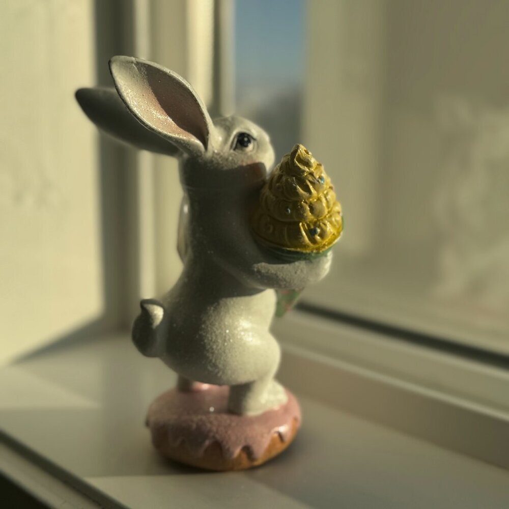 Easter Bunny Figurine Vintage-Style Rabbit with Ice Cream Cone, Spring Home Deco